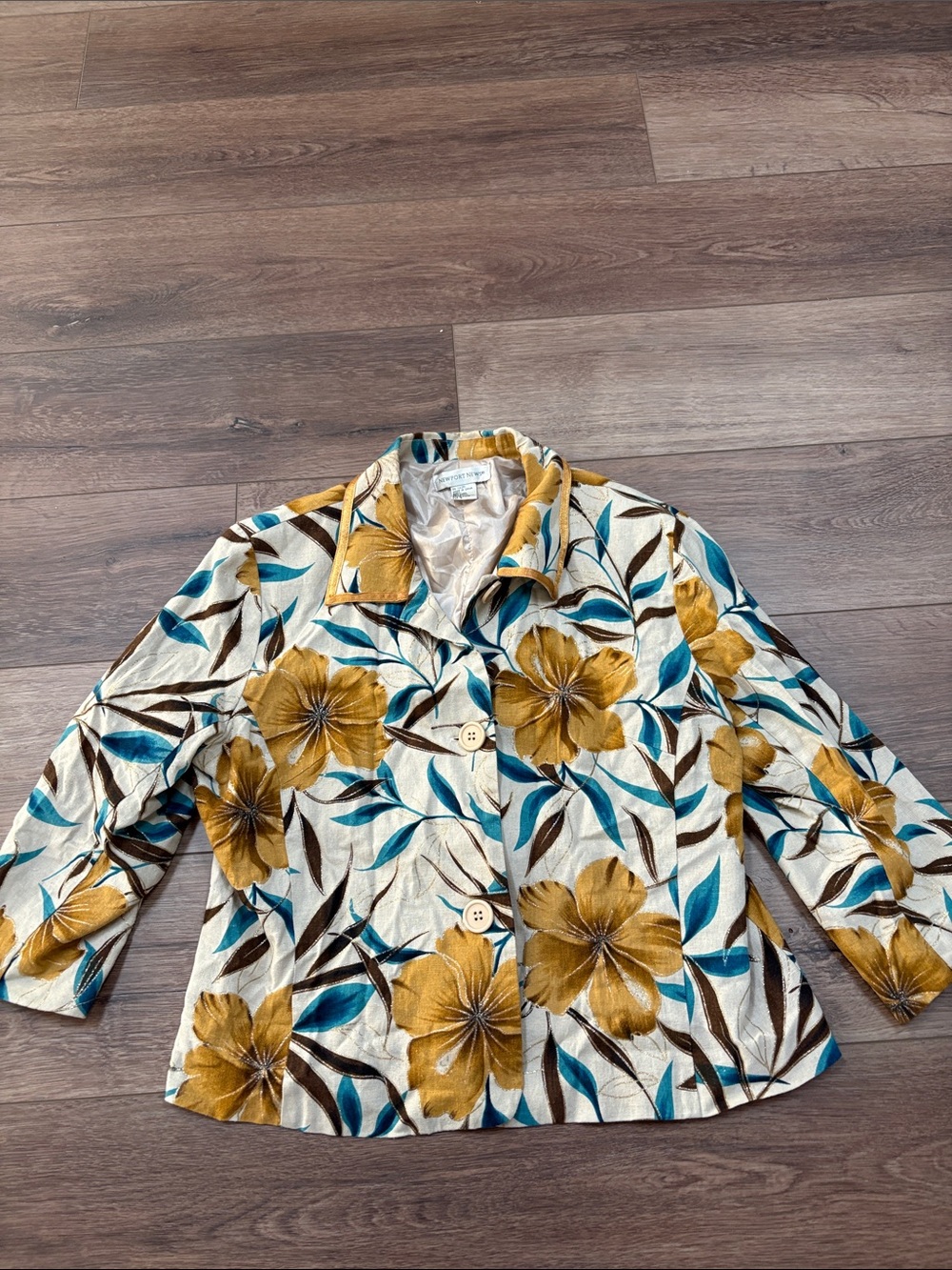 Newport News Floral Linen Rayon Button Jacket Blazer in Mustard, Blue & Cream
